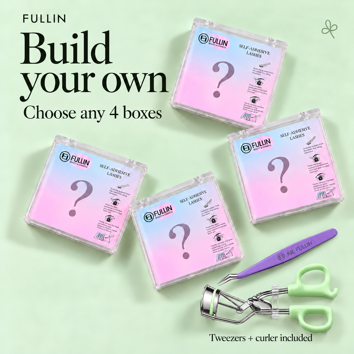 Choose any four FULLIN lash boxes with tweezers and an eyelash curler.