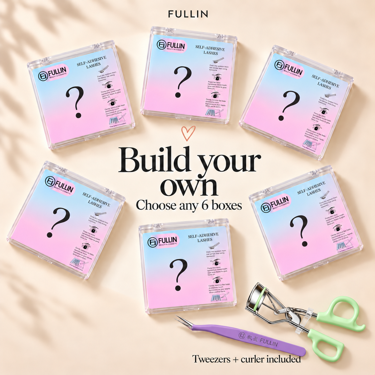 Choose any six FULLIN lash boxes with tweezers and an eyelash curler.