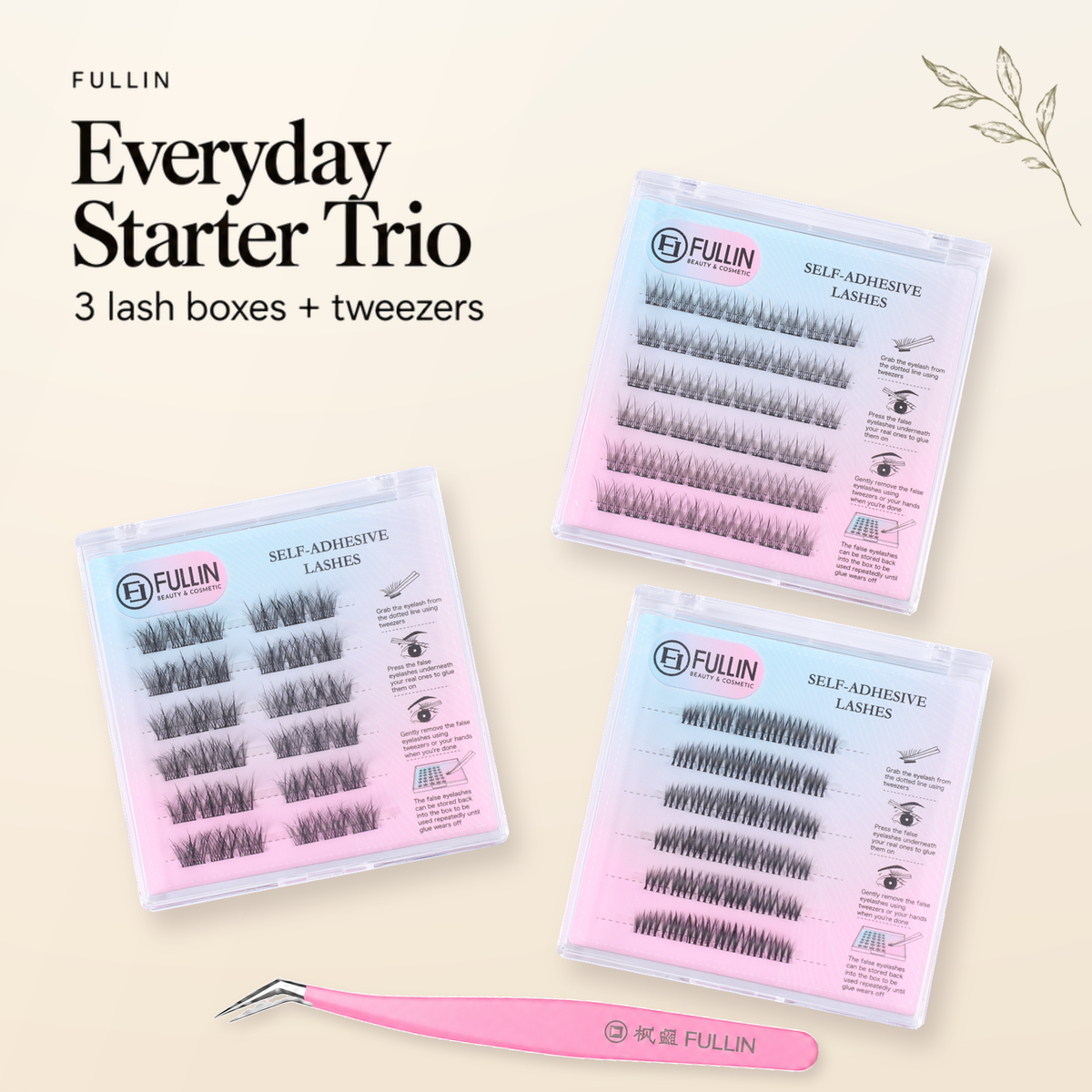 Everyday Starter Trio: original photographs of Feather Wisps, Fishtail Flare and Socialite Silk, with FULLIN pink tweezers.