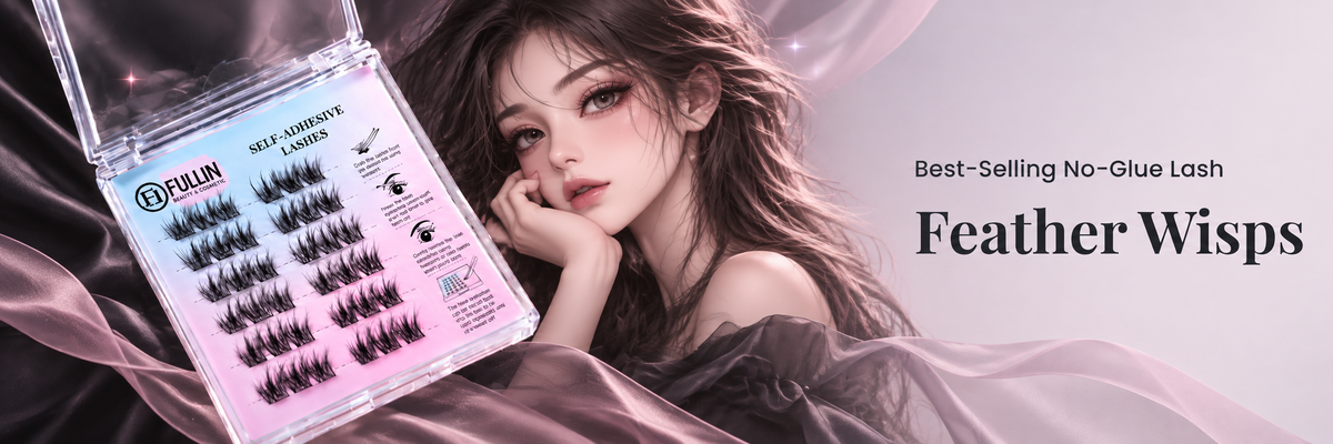 Best-Selling No-Glue Lash — Feather Wisps. FULLIN lashes with an anime beauty illustration in black, gray-pink and pale lavender.