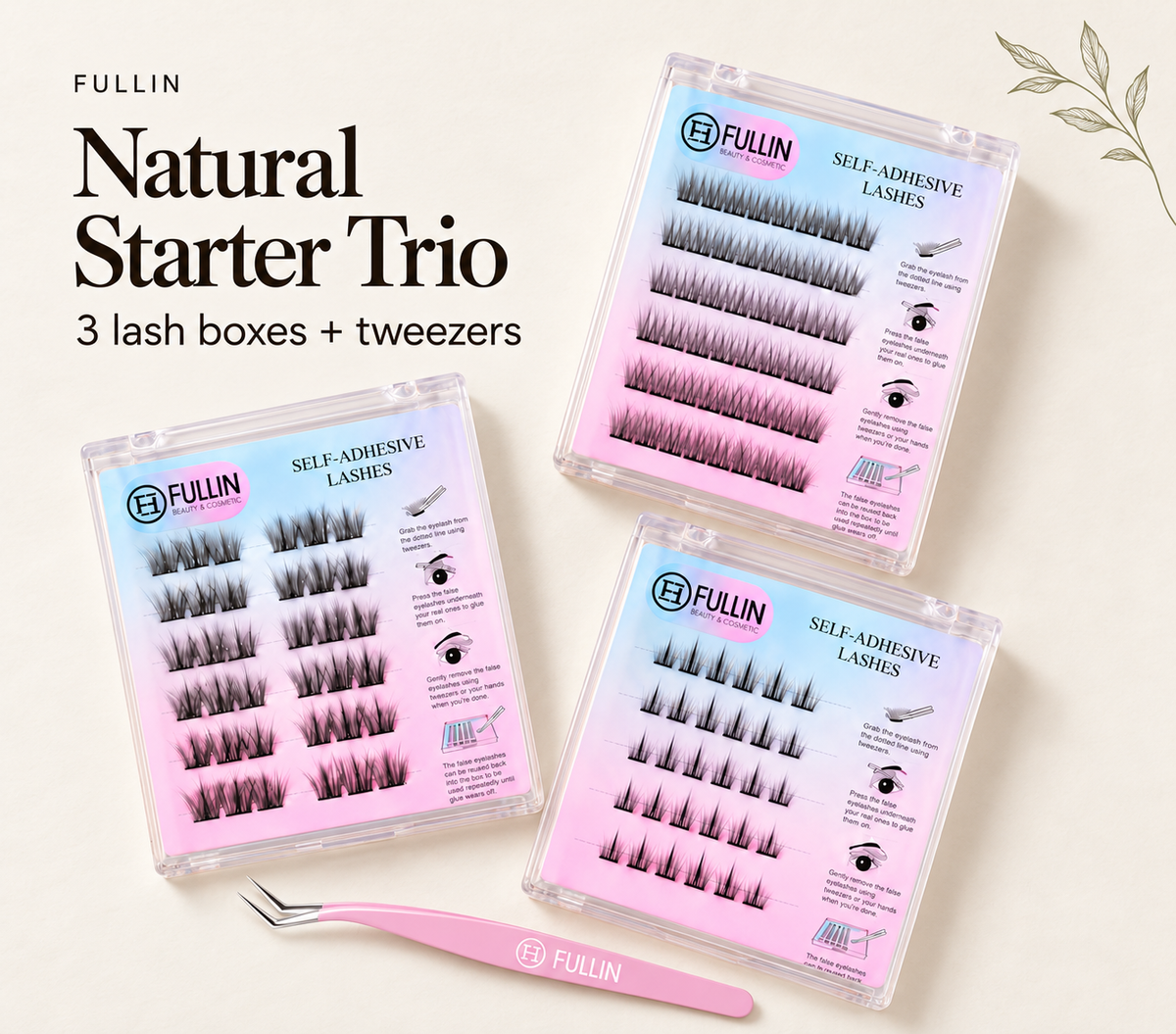 FULLIN Natural Starter Trio: three lash boxes and pink tweezers on an ivory background.