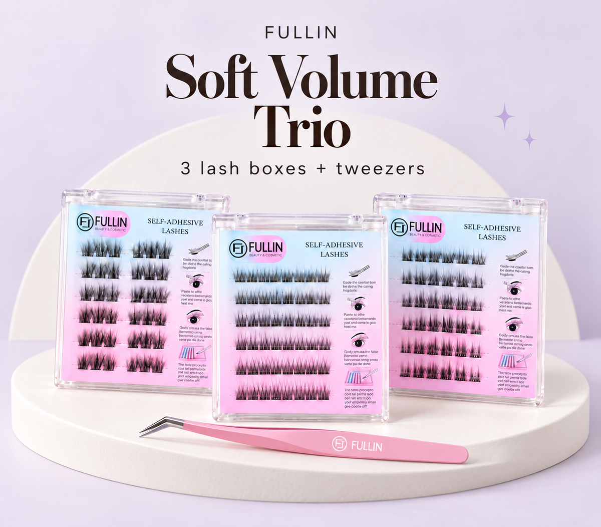 FULLIN Soft Volume Trio: three lash boxes and pink tweezers on a lavender display.
