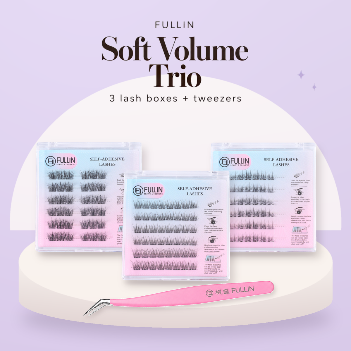 Soft Volume Trio: original photographs of Feather Wisps, Fishtail Flare and Camellia Soft Wisps, with FULLIN pink tweezers.
